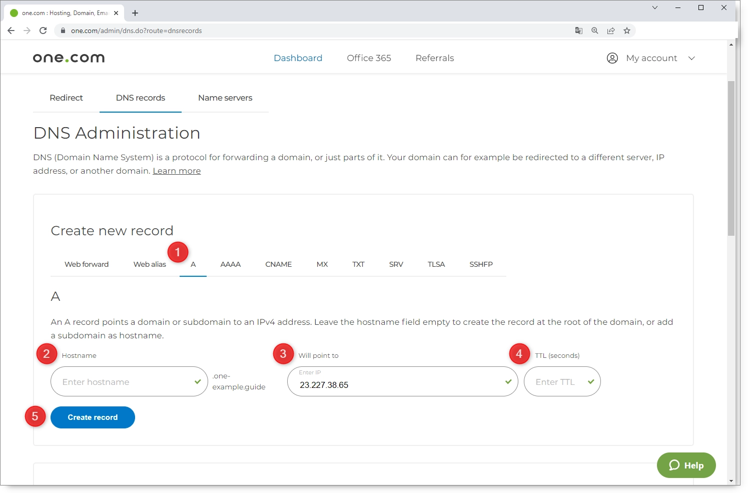 Create a record pointing domain to Shopify